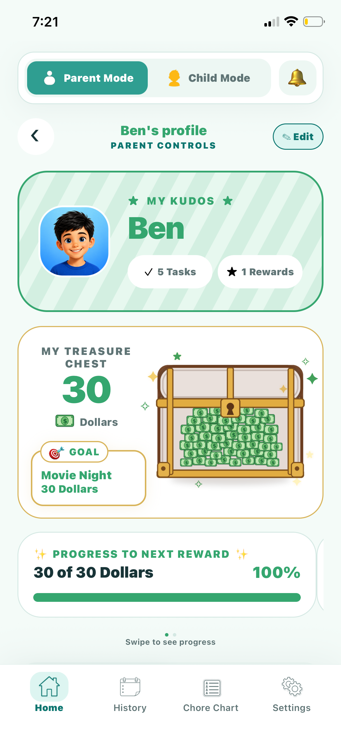 Ben’s Kudos profile showing tasks, reward, dollars, and treasure chest