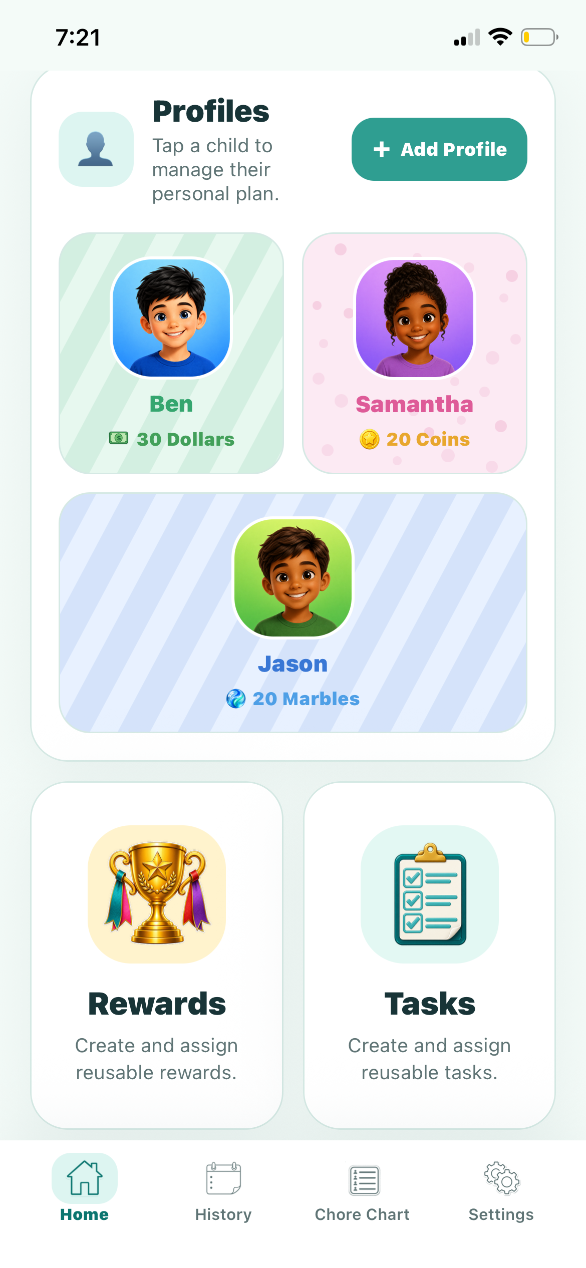 Kudos Family space showing Ben, Samantha, and Jason profiles