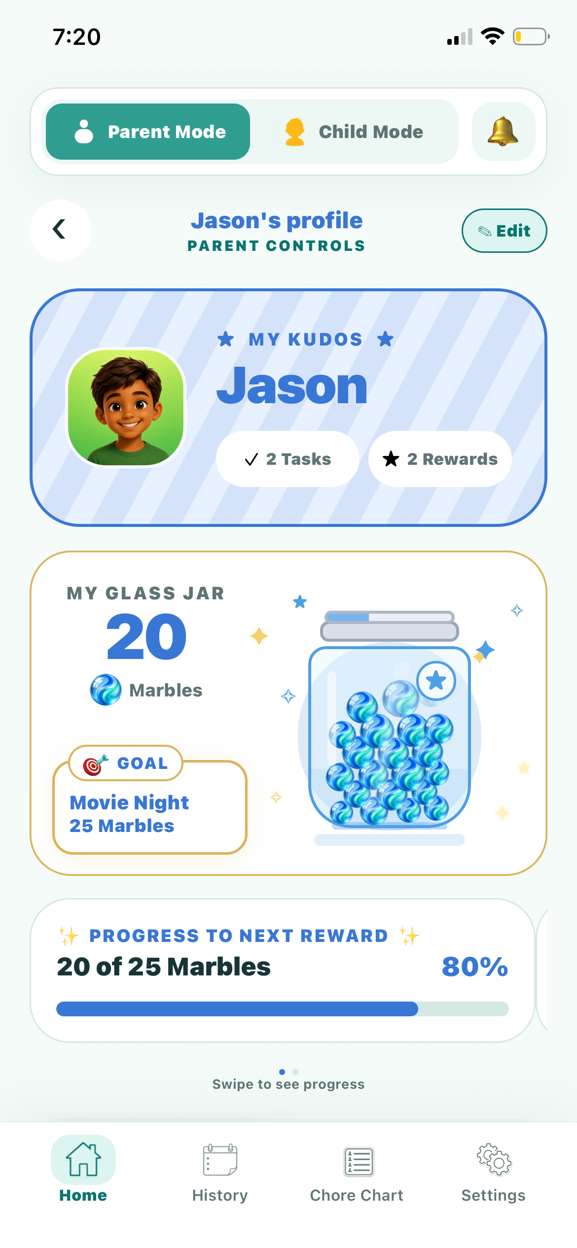 Jason’s Kudos glass jar progress screen