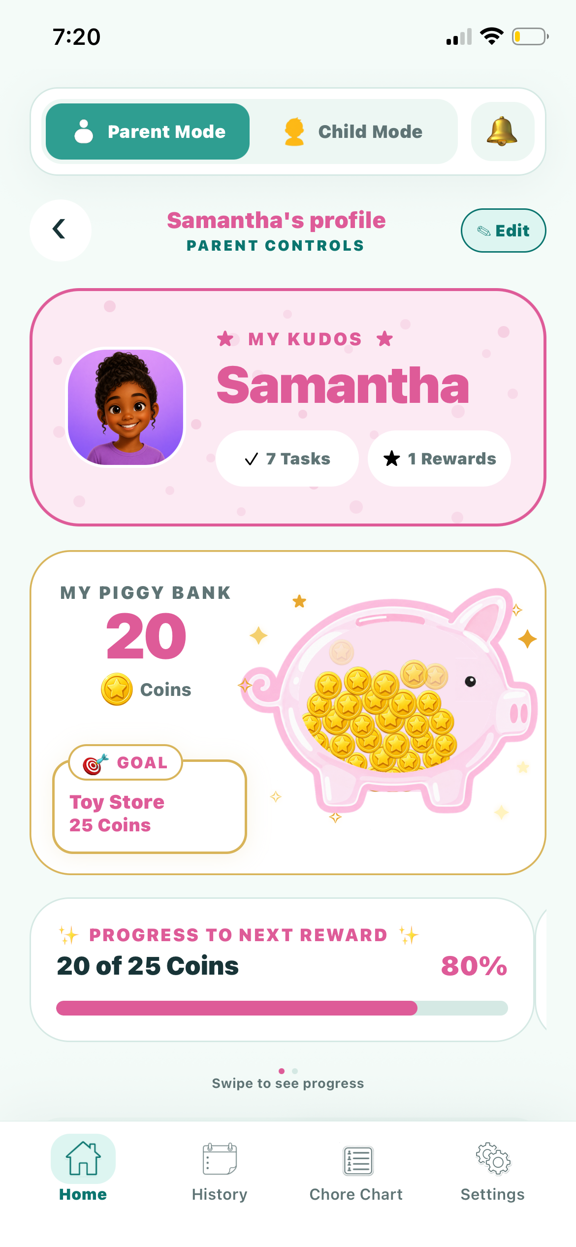 Samantha’s Kudos piggy bank progress screen